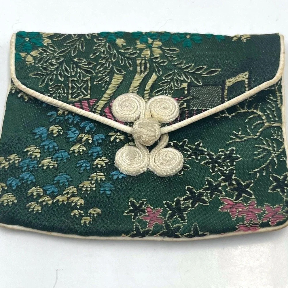 Vintage Green Silk Brocade Jewelry Pouch Asian Floral Landscape Frog Closure Bag